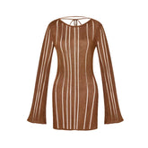 LIZAKOSHT  -  Fashion Knitted Striped Short Dress For Women O-neck Flare Sleeve Backless Lace Up Dresses 2025 Summer Chic Lady beach Vestidos